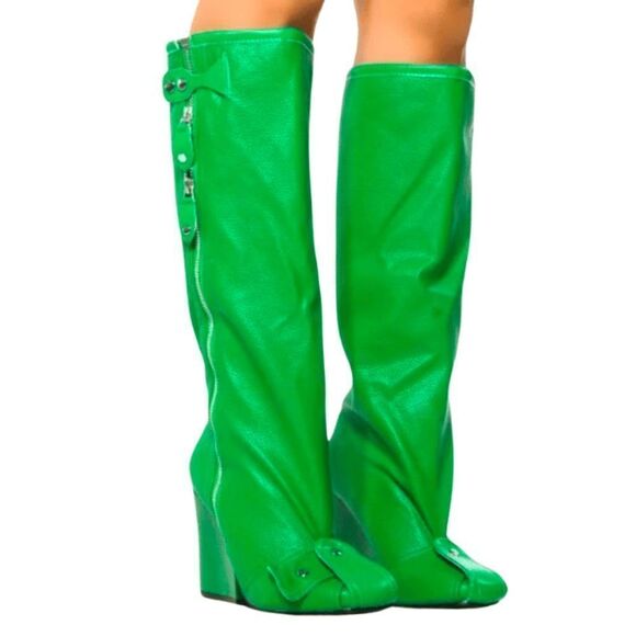 GREEN KNEE HIGH CHUNKY HEEL BOOT - Picture 2 of 5